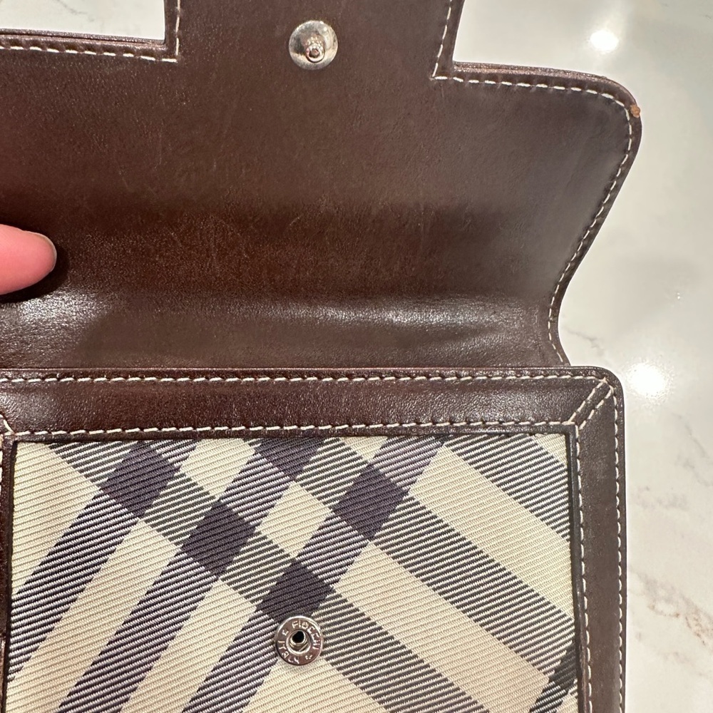 Burberry Blue Label Small Folding Wallet-6 Card Slots White Plaid Brown Leather - Picture 13 of 14